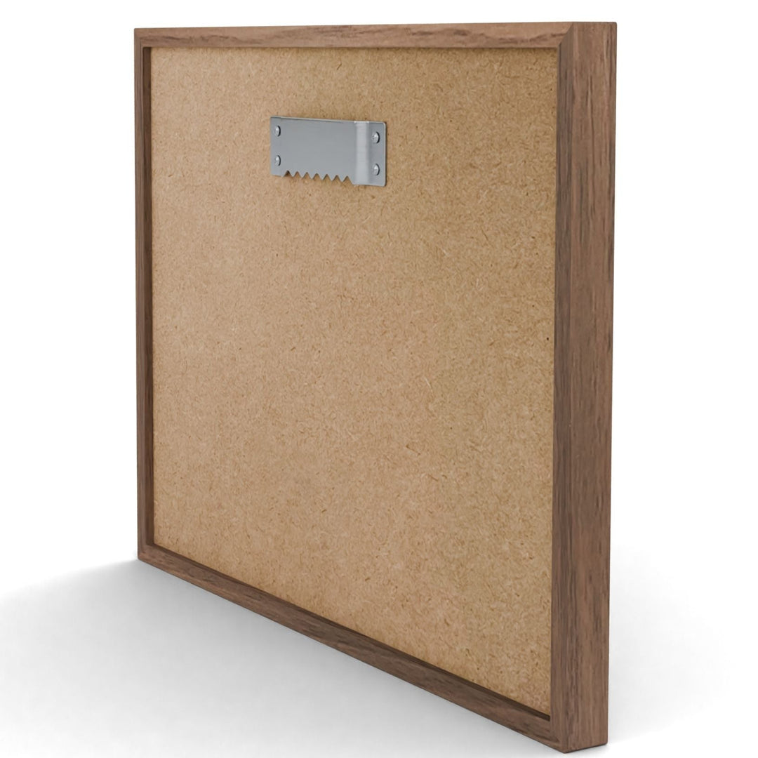 Cork bulletin board with wooden frame and metal hook on a white background