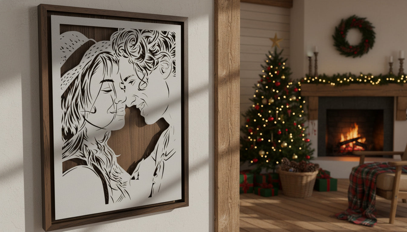 custom metal portrait of a couple on a wall with a Christmas tree and fireplace in the background.