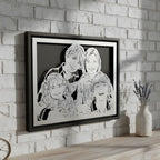 Custom metal portrait of a family of four in a black frame on a white brick wall
