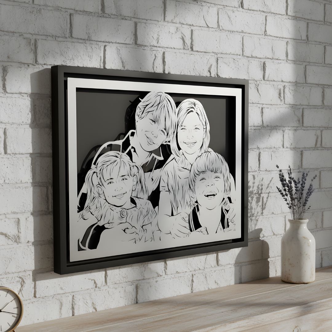 Custom metal portrait of a family of four in a black frame on a white brick wall