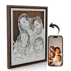 Framed custom metal portrait of a family of four, laser cut steel in a walnut frame, next to the phone photo it was drawn from