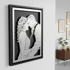 Wedding couple forehead to forehead, silver steel portrait in a black frame