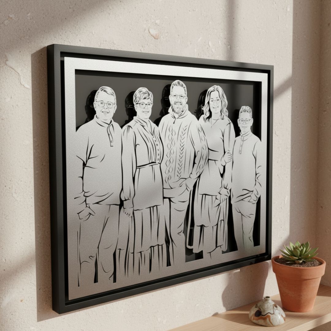 Family of five standing in a row, landscape custom metal portrait in a black frame