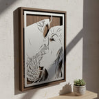 Custom metal portrait of a couple kissing, close-up, silver steel floating over walnut in a walnut frame