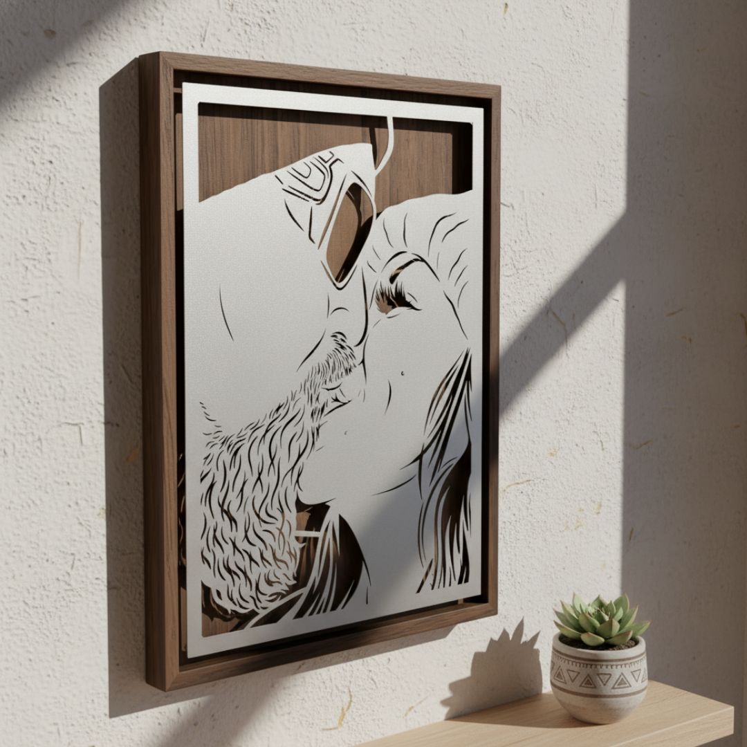 Custom metal portrait of a couple kissing, close-up, silver steel floating over walnut in a walnut frame