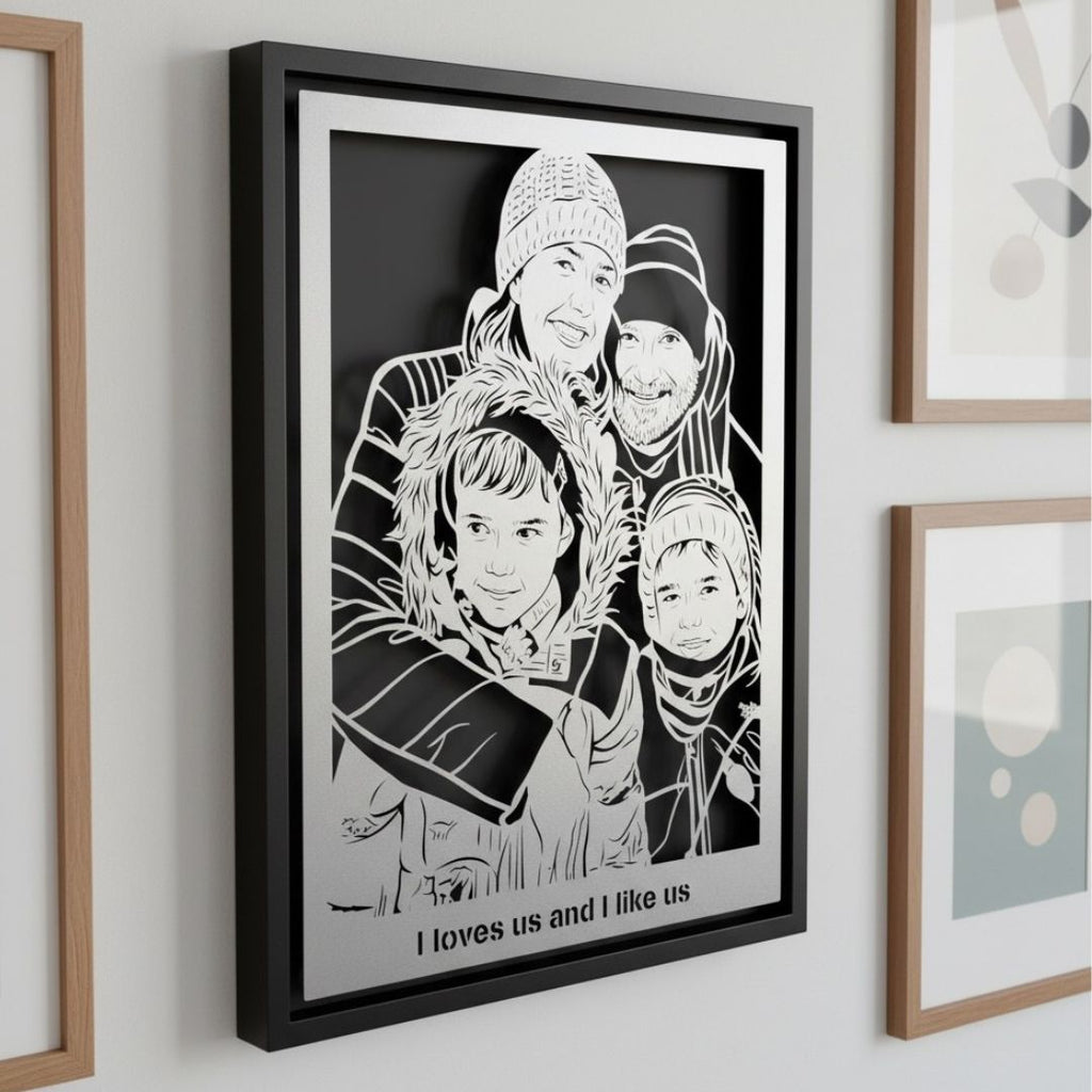 Family of four in winter coats, custom metal portrait in a black frame with a line of text below