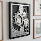 Family of four in winter coats, custom metal portrait in a black frame with a line of text below