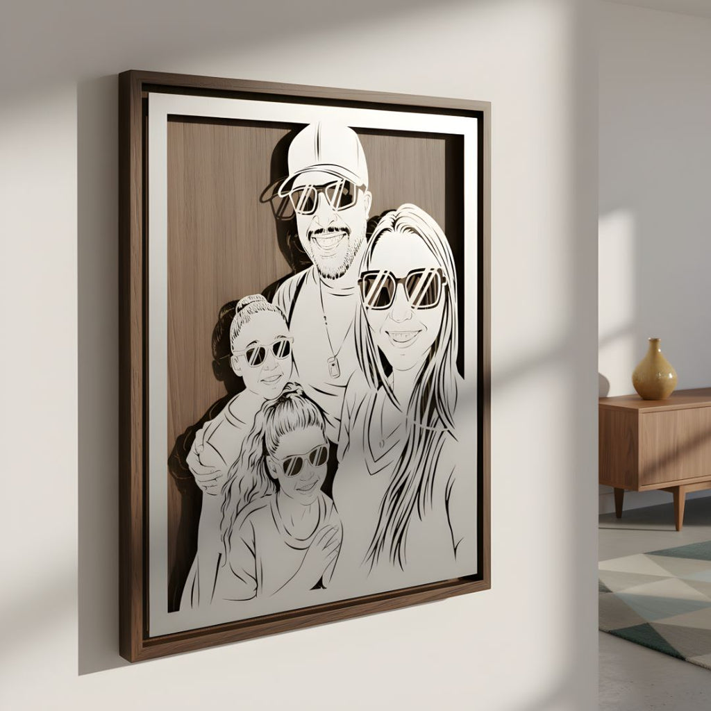 Family of four in sunglasses, custom metal portrait in a walnut frame