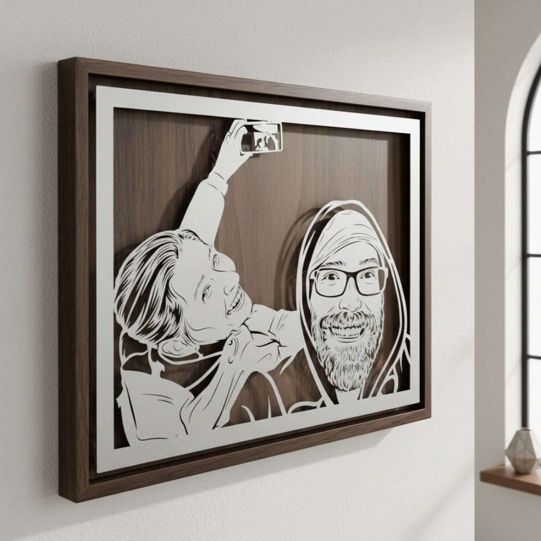 Child taking a selfie with dad, landscape steel portrait in a walnut frame