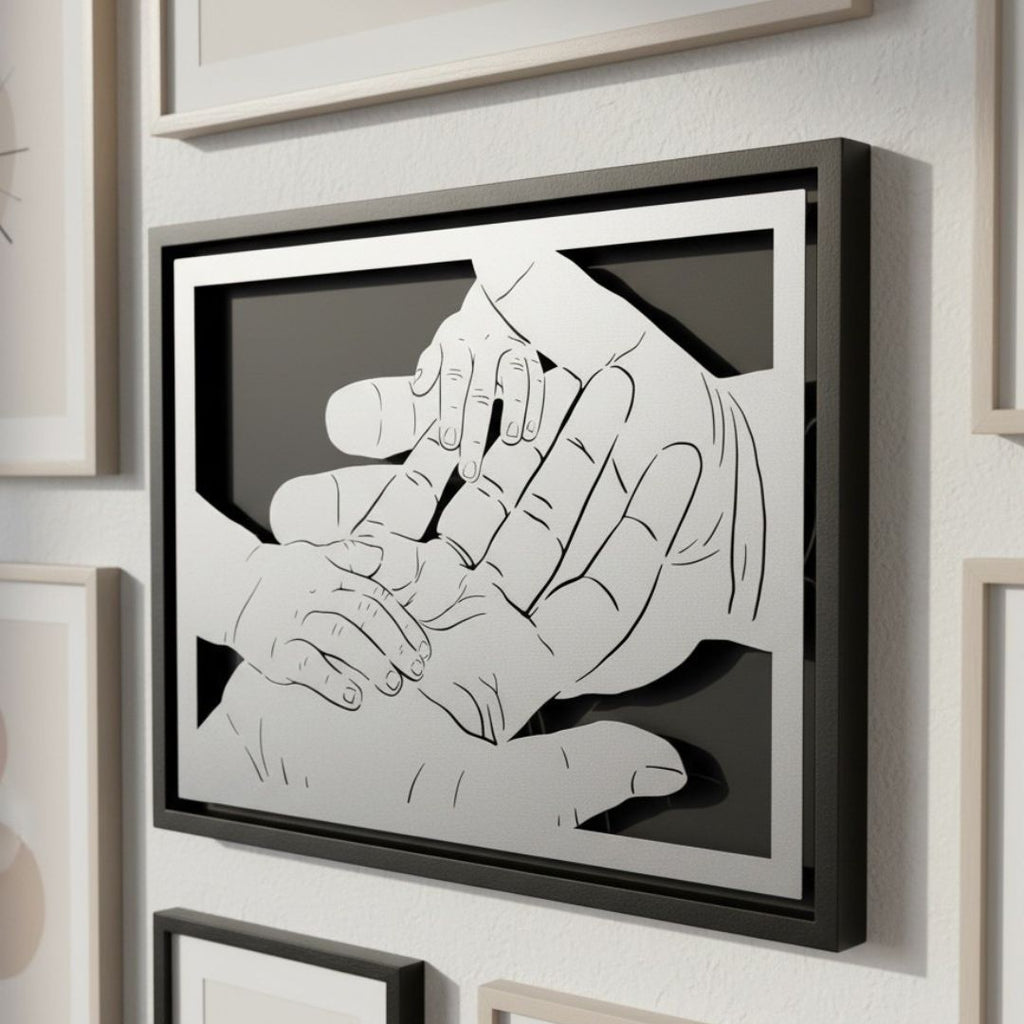 Close-up of two hands with wedding rings, landscape steel portrait in a black frame