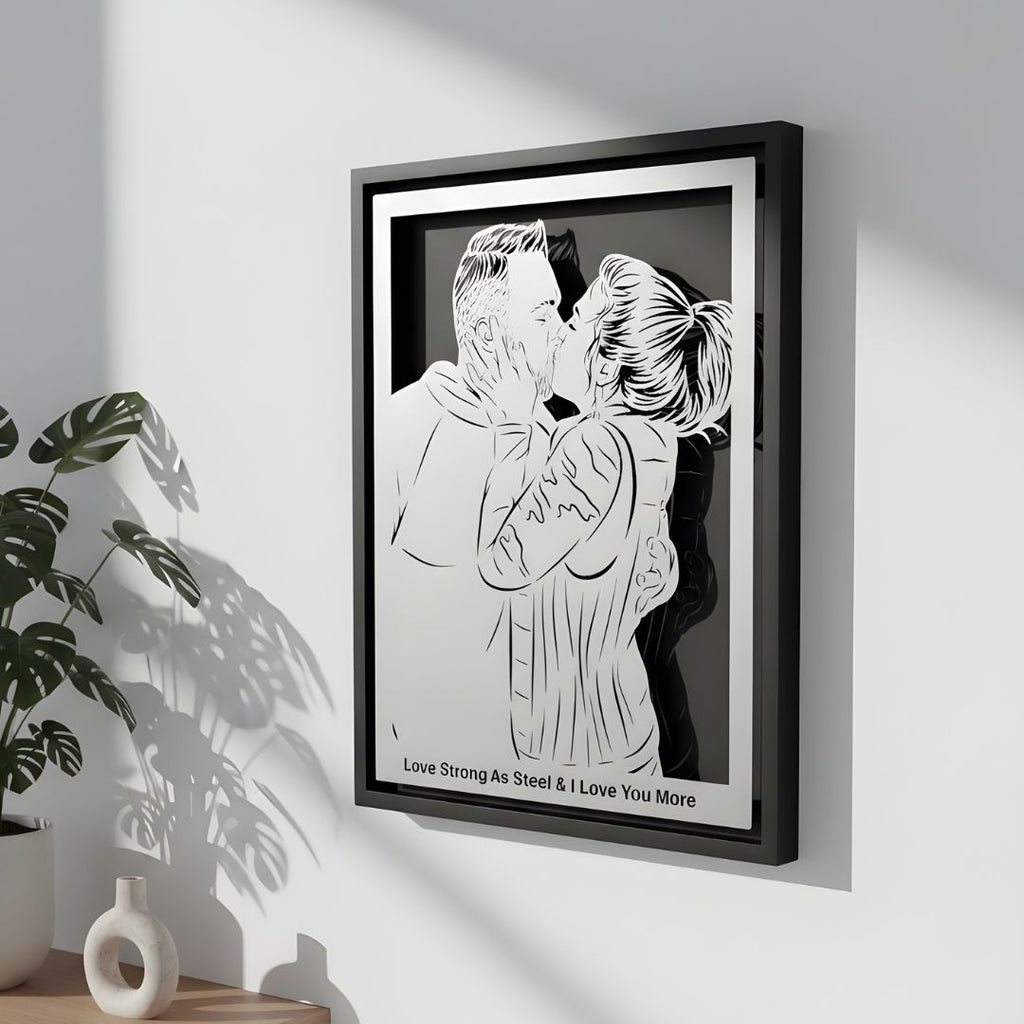 Couple kissing, custom metal portrait in a black frame with a love note cut below