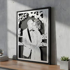 Wedding couple under a flowering tree with background art, steel portrait in a black frame