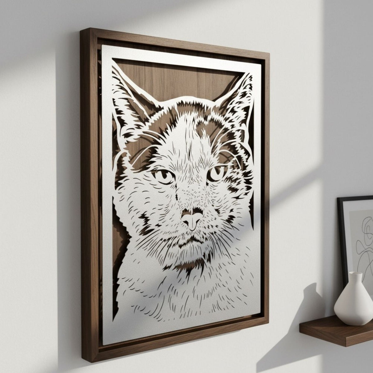 Cat portrait laser cut in steel, walnut frame