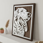 Golden retriever portrait in profile, silver steel in a walnut frame