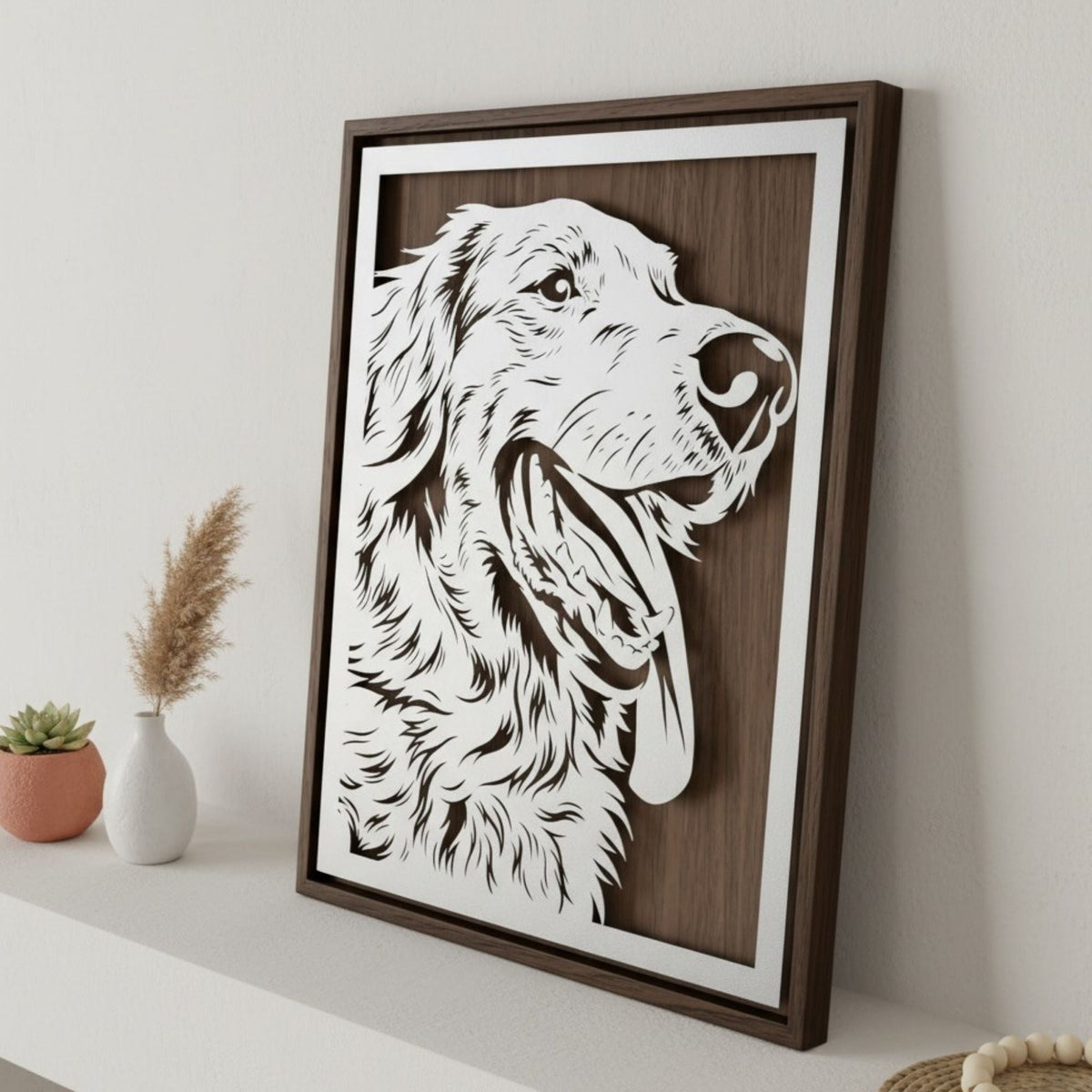 Golden retriever portrait in profile, silver steel in a walnut frame