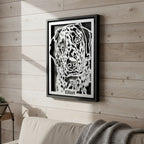 Spotted dog portrait laser cut in steel, black frame with the dog's name below