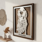 Golden retriever puppy sitting, steel portrait in a walnut frame with its name below