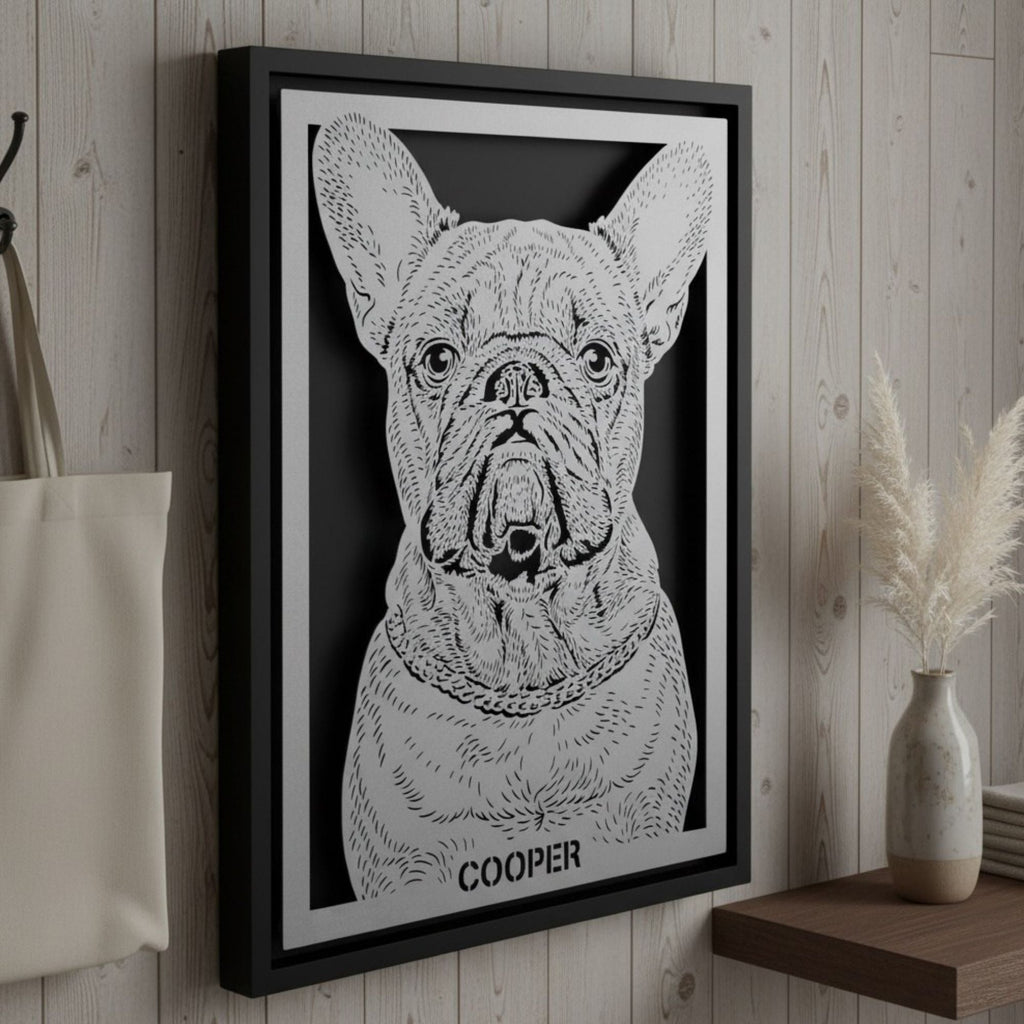 French bulldog portrait laser cut in steel, black frame with the dog's name below