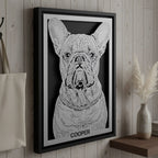 French bulldog portrait laser cut in steel, black frame with the dog's name below