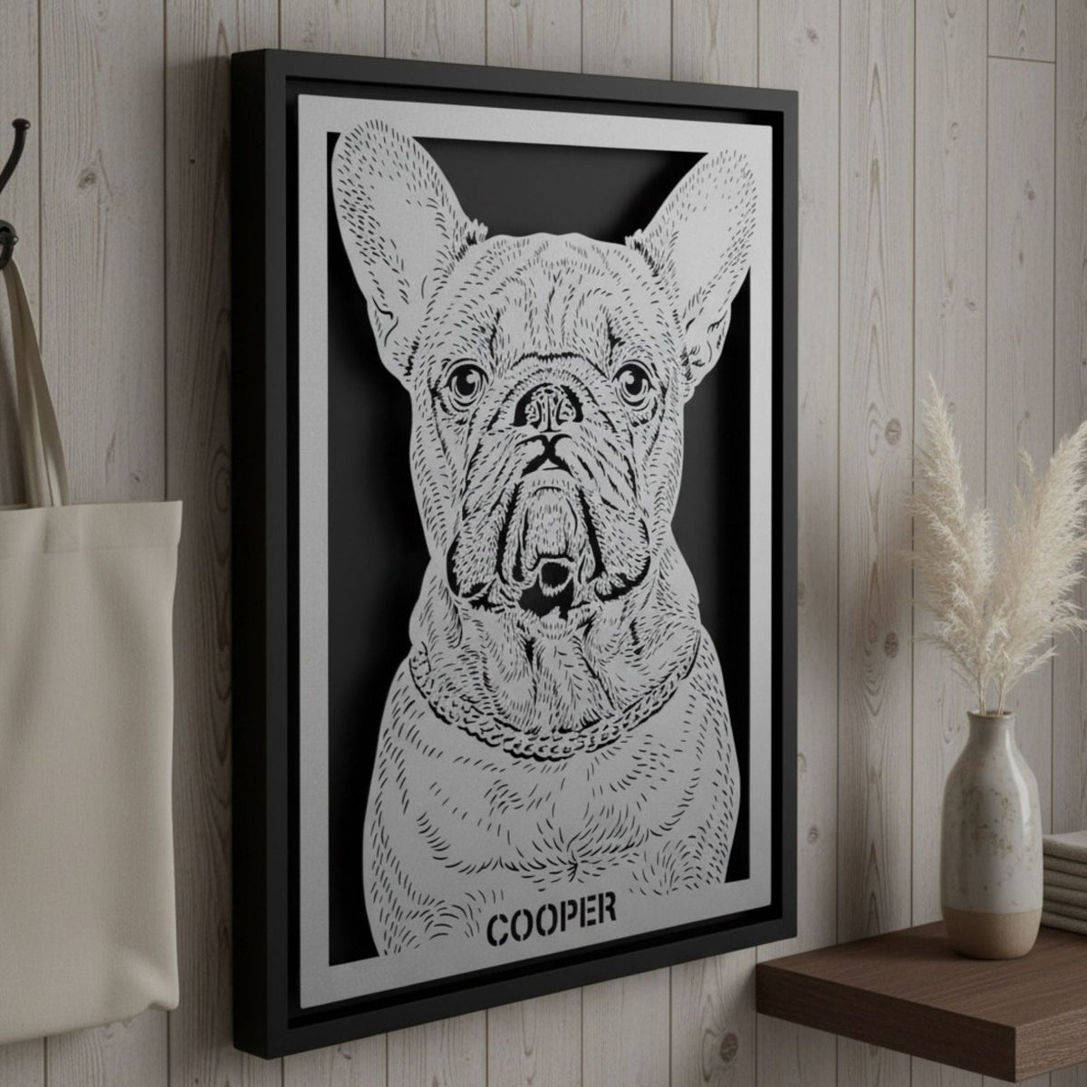French bulldog portrait laser cut in steel, black frame with the dog's name below