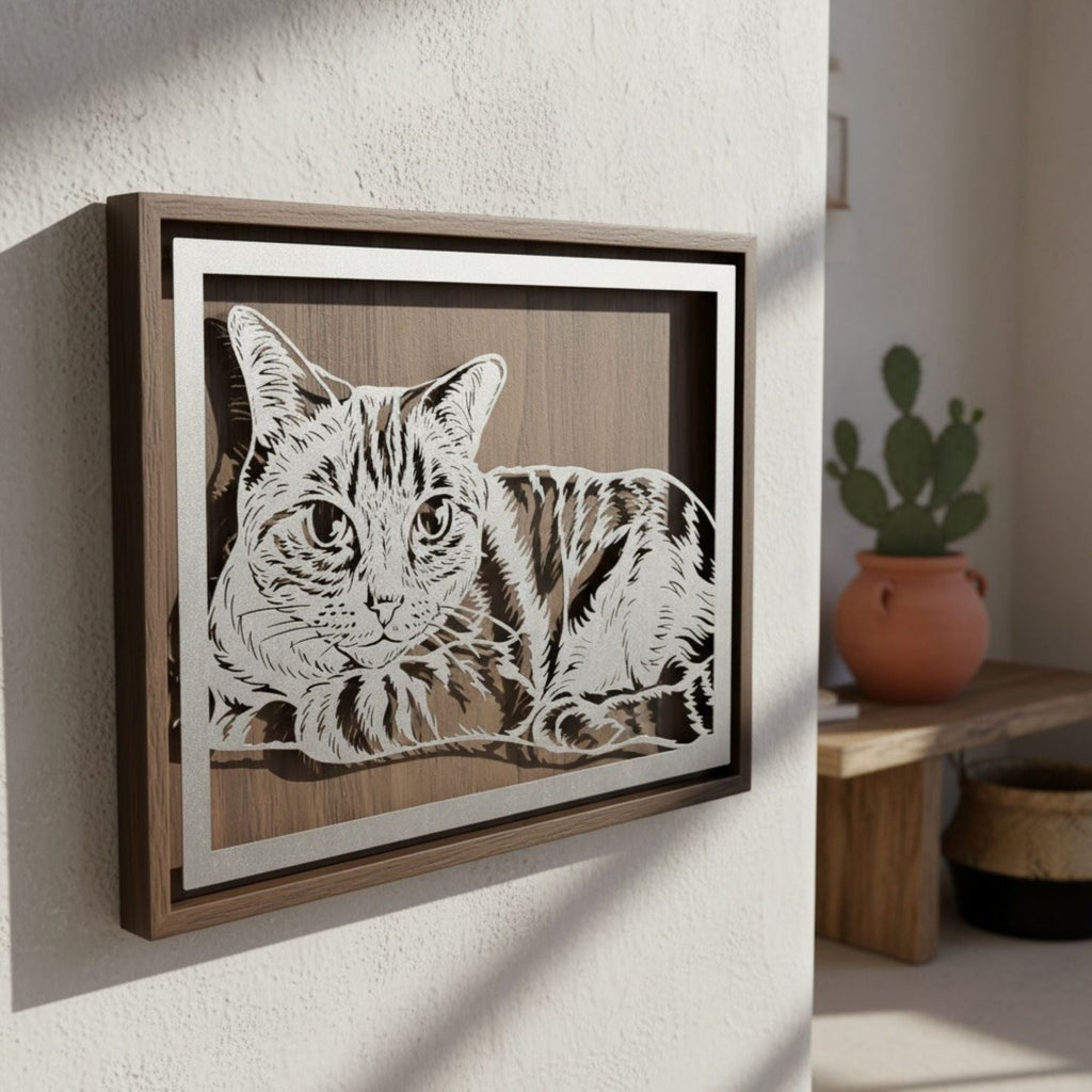 Tabby cat lying down, landscape steel pet portrait in a walnut frame