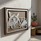 Tabby cat lying down, landscape steel pet portrait in a walnut frame