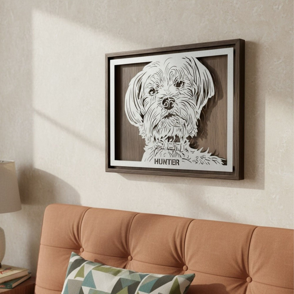 Small fluffy dog portrait in steel, landscape walnut frame with its name below