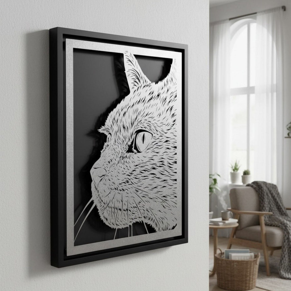 Cat portrait in profile, laser cut steel in a black frame