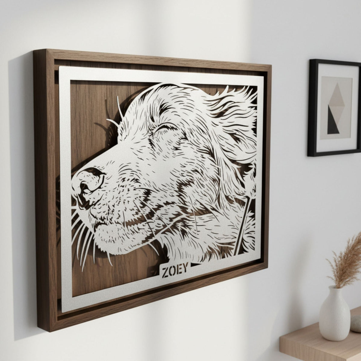 Dog portrait in profile, laser cut steel in a walnut frame with the dog's name below