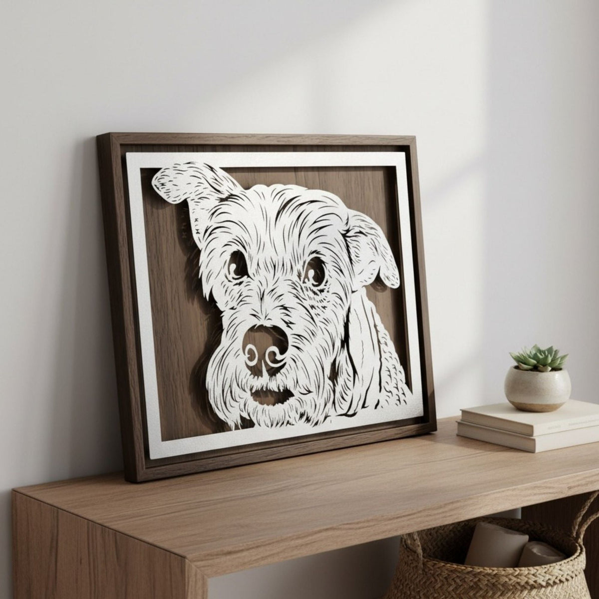 Terrier portrait with one ear up, laser cut steel in a walnut frame