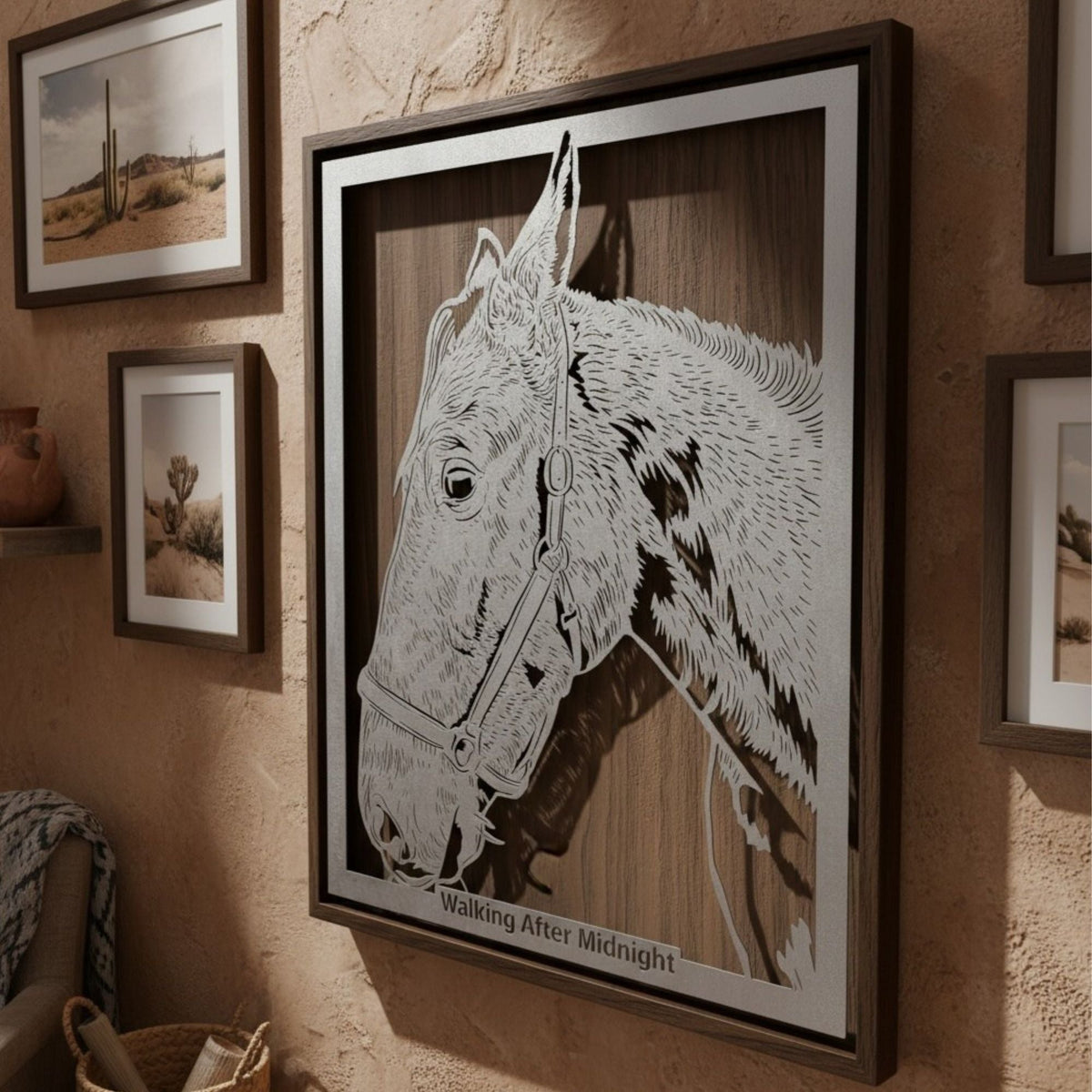 Horse portrait in a halter, laser cut steel in a walnut frame with the horse's name below