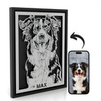 Framed dog portrait of an Australian Shepherd laser cut in steel, black frame, the dog's name below, next to the phone photo it was drawn from