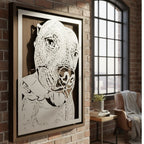 Large dog with its tongue out, steel pet portrait in a walnut frame on a brick wall