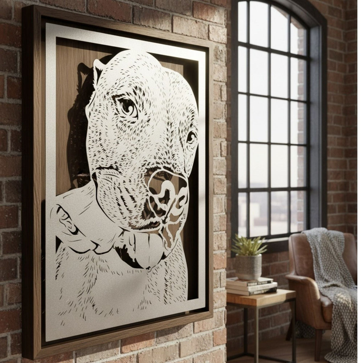 Large dog with its tongue out, steel pet portrait in a walnut frame on a brick wall