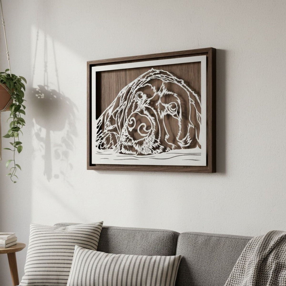 Puppy resting its head, landscape steel pet portrait in a walnut frame