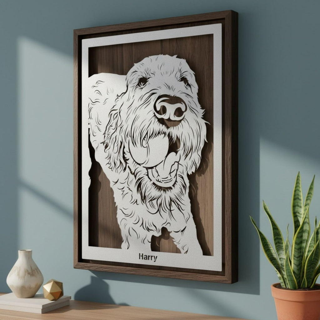 Doodle dog with its tongue out, steel portrait in a walnut frame with its name below