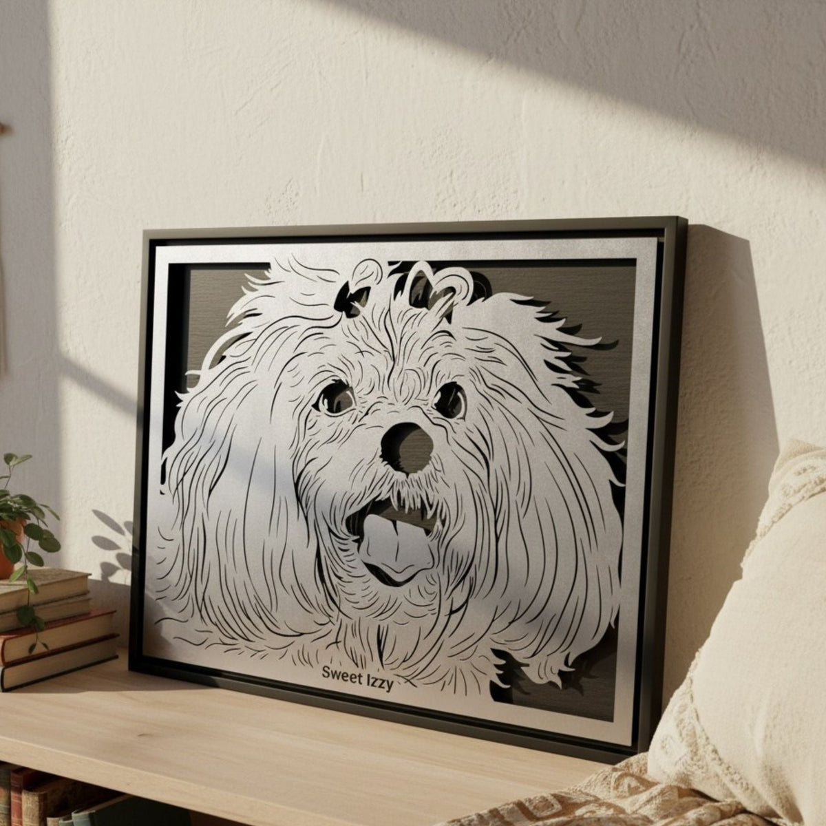 Fluffy white dog portrait, landscape steel in a black frame with its name below