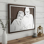Memorial portrait of an older couple, landscape steel in a walnut frame with their names below