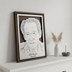 Memorial portrait of an older man, laser cut steel in a walnut frame with his name and years below