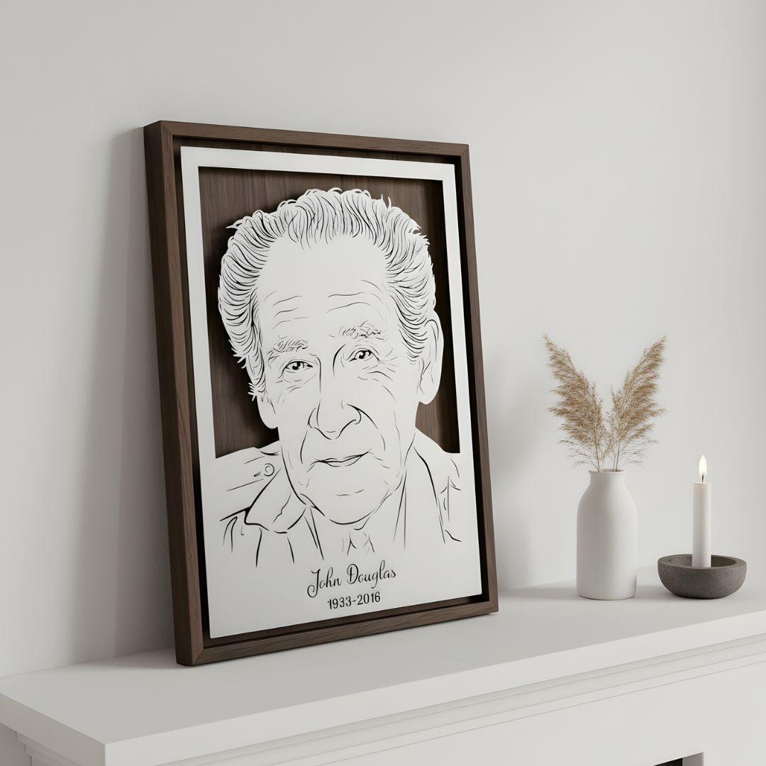 Memorial portrait of an older man, laser cut steel in a walnut frame with his name and years below