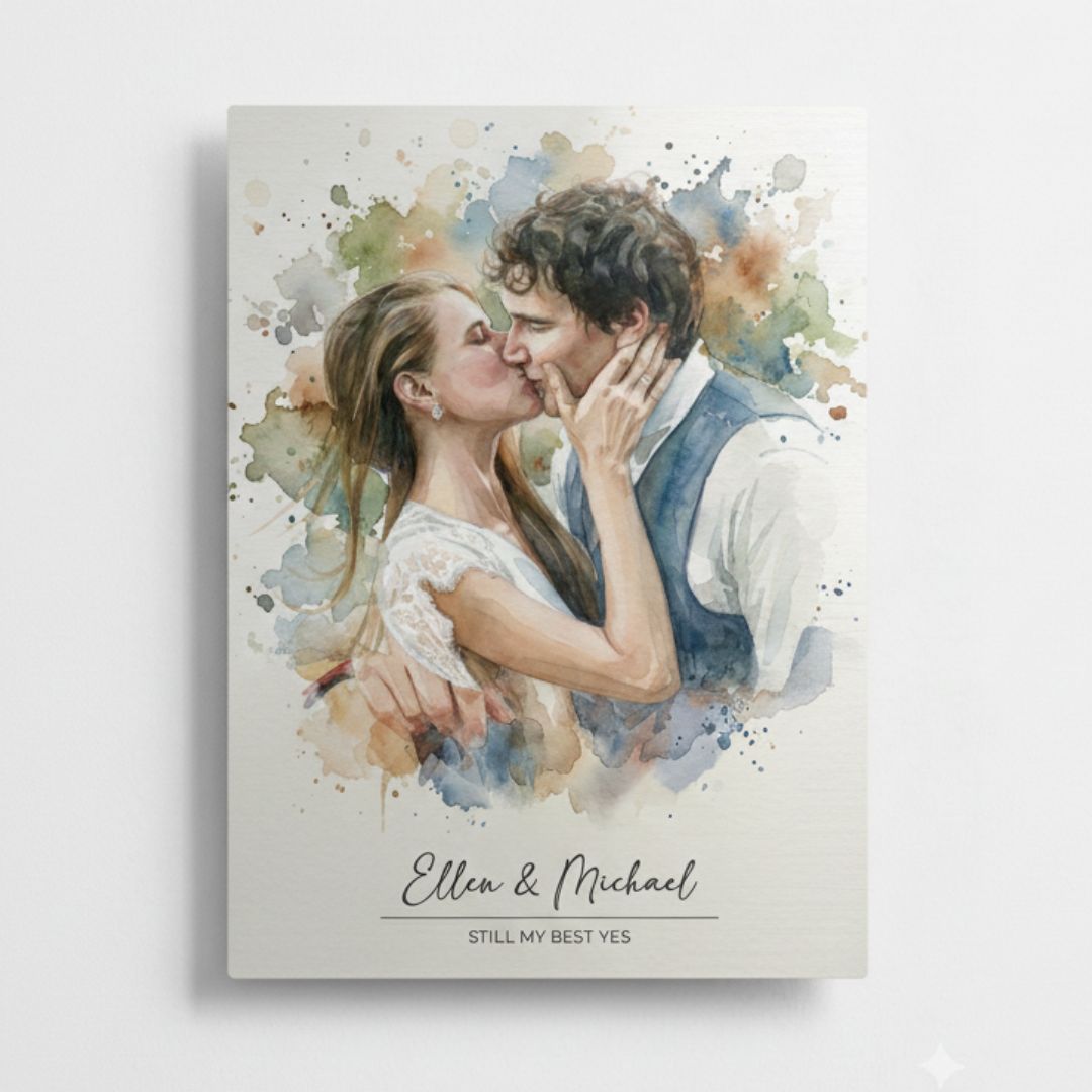 Personalized watercolor wedding portrait printed on white aluminum for a tenth anniversary gift