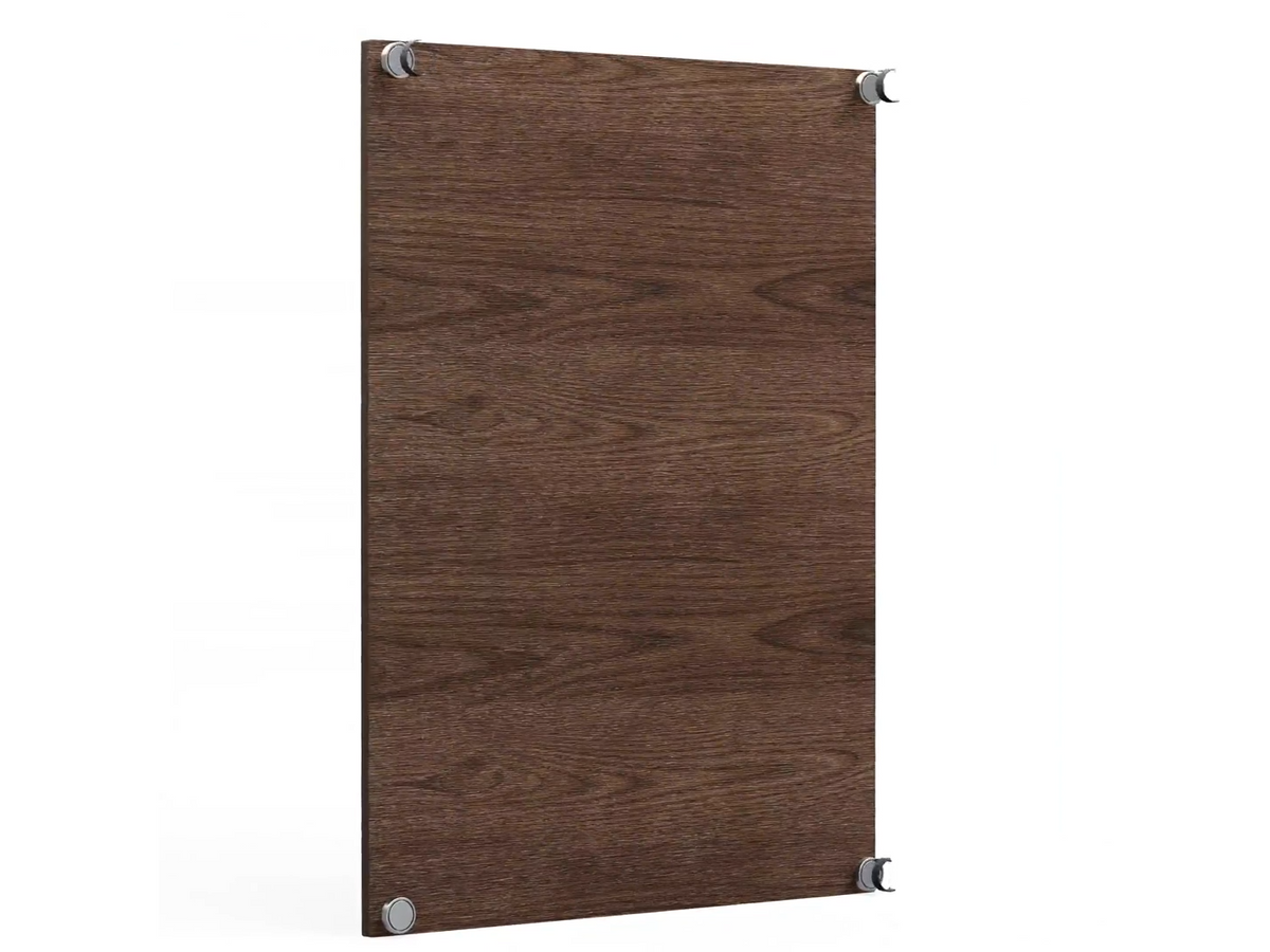 Wood board seen from the front with a magnet fitted at each of the four corners