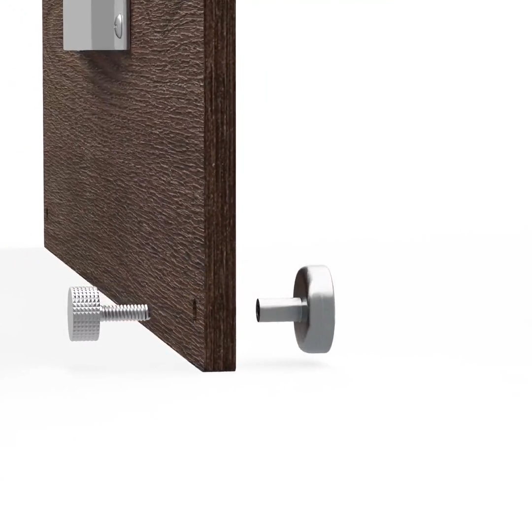 A corner of the wood board: the thumb screw goes through from the back and the magnet screws onto it from the front