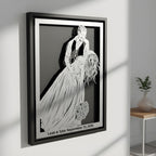 Groom dipping the bride for a kiss, black frame with their names and wedding date below