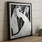 Groom lifting the bride for a kiss, steel anniversary portrait in a black frame with the wedding date below