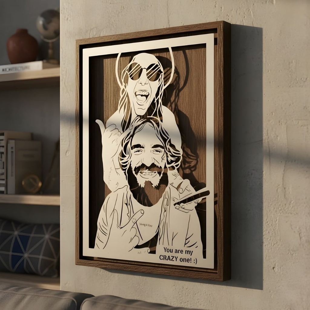 Laughing couple in sunglasses, steel portrait in a walnut frame with a playful line below