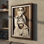 Laughing couple in sunglasses, steel portrait in a walnut frame with a playful line below
