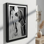 Bride and groom kissing, laser cut steel anniversary portrait in a black frame