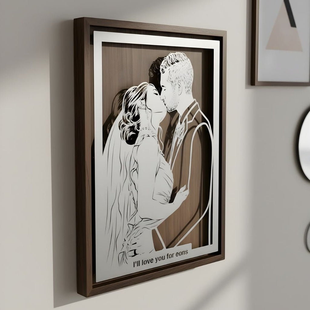 Bride and groom kissing, steel portrait in a walnut frame with a love note cut below