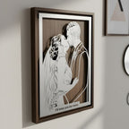 Bride and groom kissing, steel portrait in a walnut frame with a love note cut below